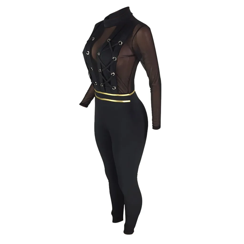 

KALENMOS Jumpsuit Women New Autumn Black Sexy Bodycon Romper Lace Long Sleeve Jumpsuit Elegant Mesh Splicing Long Jumpsuit Club