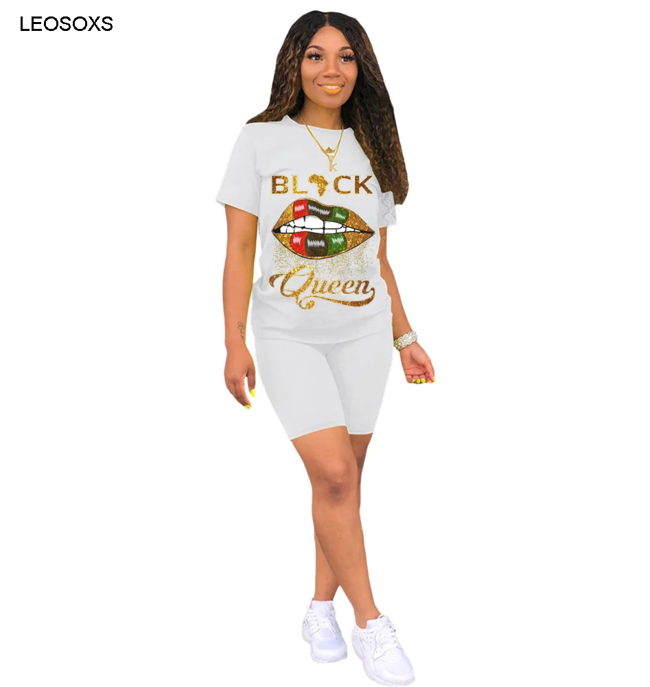 

Women's Summer 2021 Fashion Casual Suit Lip Printing Round Neck Short Sleeve Slim Shorts Sports Fitness Two-piece Female
