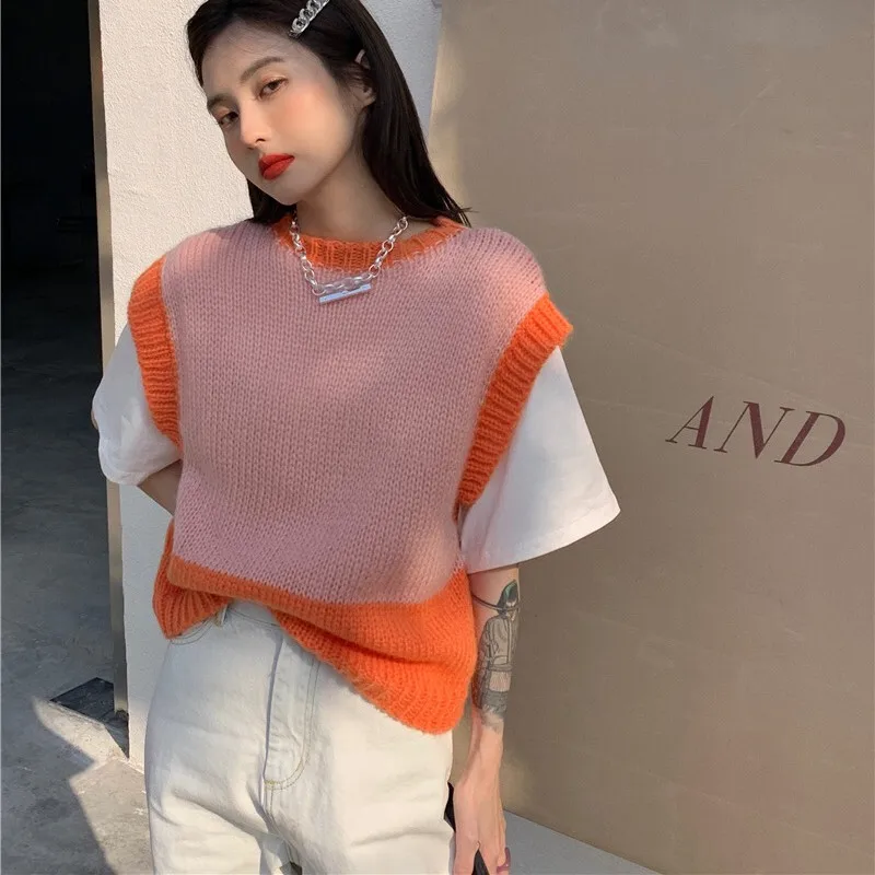 

Sweater Vest Women O-Neck Patchwork New All-match Autumn Fashion Loose Korean Style Sweet Student Knitted Wear Ladies Clothing