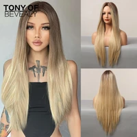 long straight blonde ombre synthetic hair wigs middle part heat resistant fiber wigs for women natural fashion cosplay daily wig