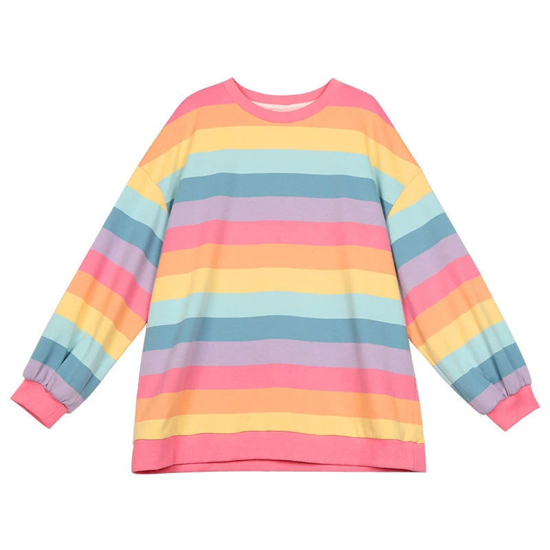 A-M-2XL Loose Harajuku Colorful Striped O Neck Long Sleeve Oversize Autumn Thin Sweatshirt 2021 NEW Cute Chic Pullover Top
