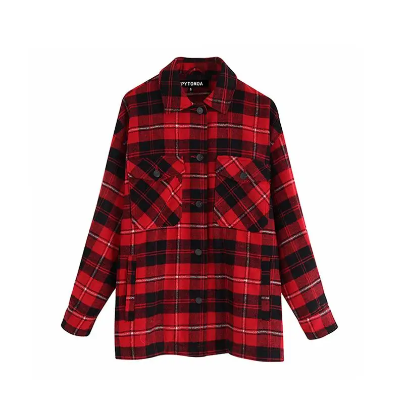 

Vintage Stylish Pockets Oversized Plaid Jacket Coat Women 2020 Fashion Lapel Collar Long Sleeve Loose Outerwear Chic Tops