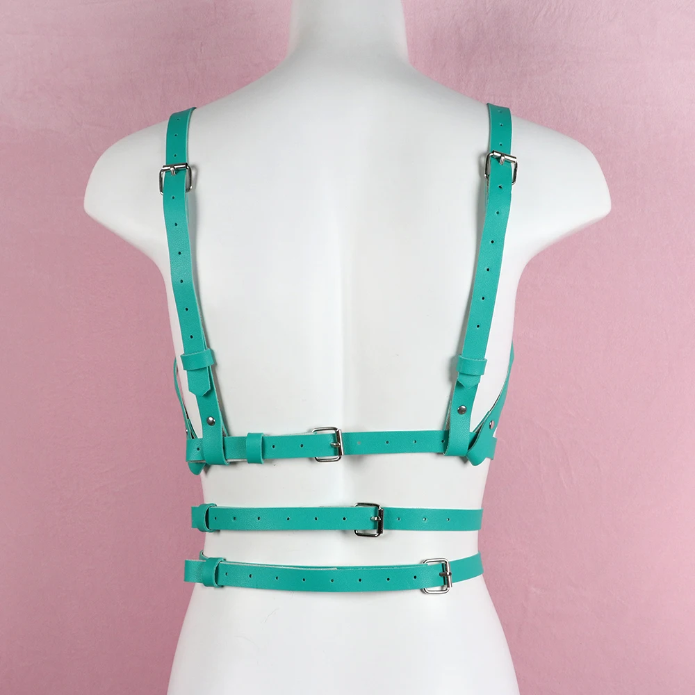 

Fashion Women Leather Harness Green Suspenders Hollow Out Vest Handmade Female Chest Sling Size Adjustable Sword Belt Punk Goth