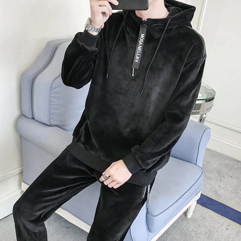 2020 Men Sport Suit Autumn Winter Hooded Sweatshirts+Pants Velvet Sportswear Two Piece Set For Tracksuit Clothing | Мужская одежда
