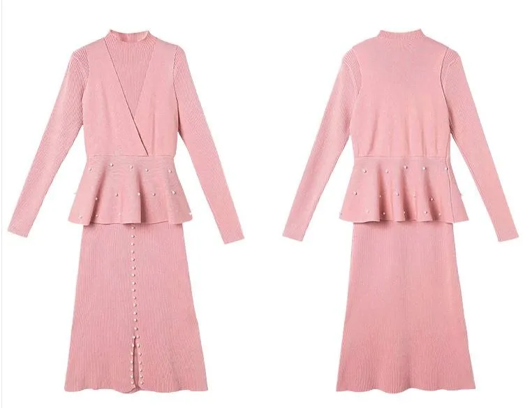 

Knitted 2 Piece Dress Set Women V-neck Pearl Vest Pullover Long Sleeve Slim Split Dress Elegant Office Lady EClothes Femme 2020