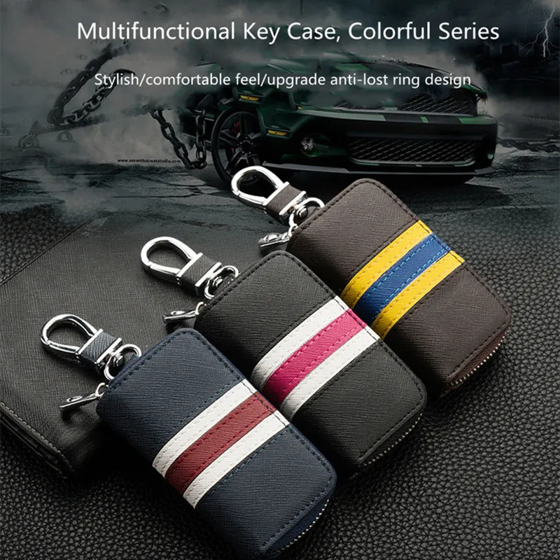 

Leather Striped Zipper Bag Car Key Case Universal Personalized Customized Remote Control Protective Cover for Men and Women