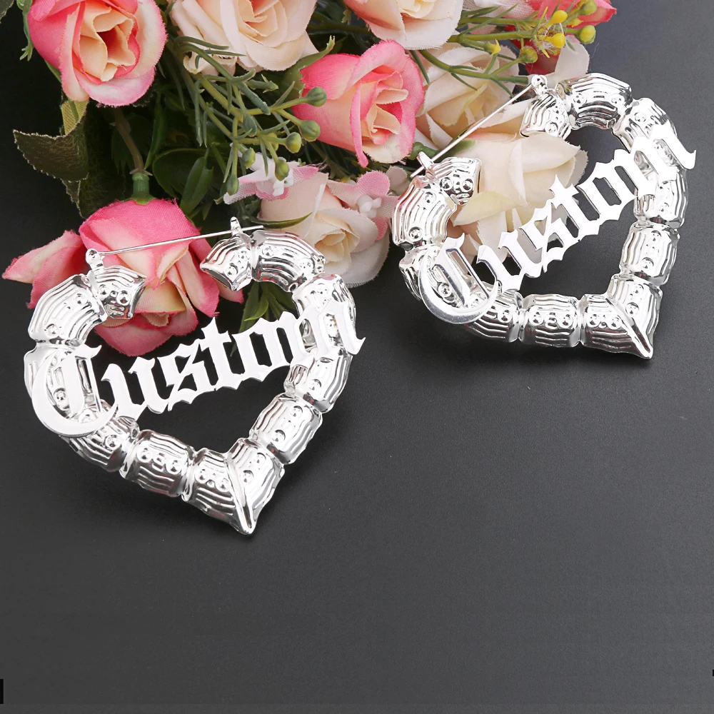 

30mm-70mm Custom Earrings Love Heart Shape Hiphop Sexy Bamboo Hoop Earrings Customize Name Earrings Personalized Jewelry
