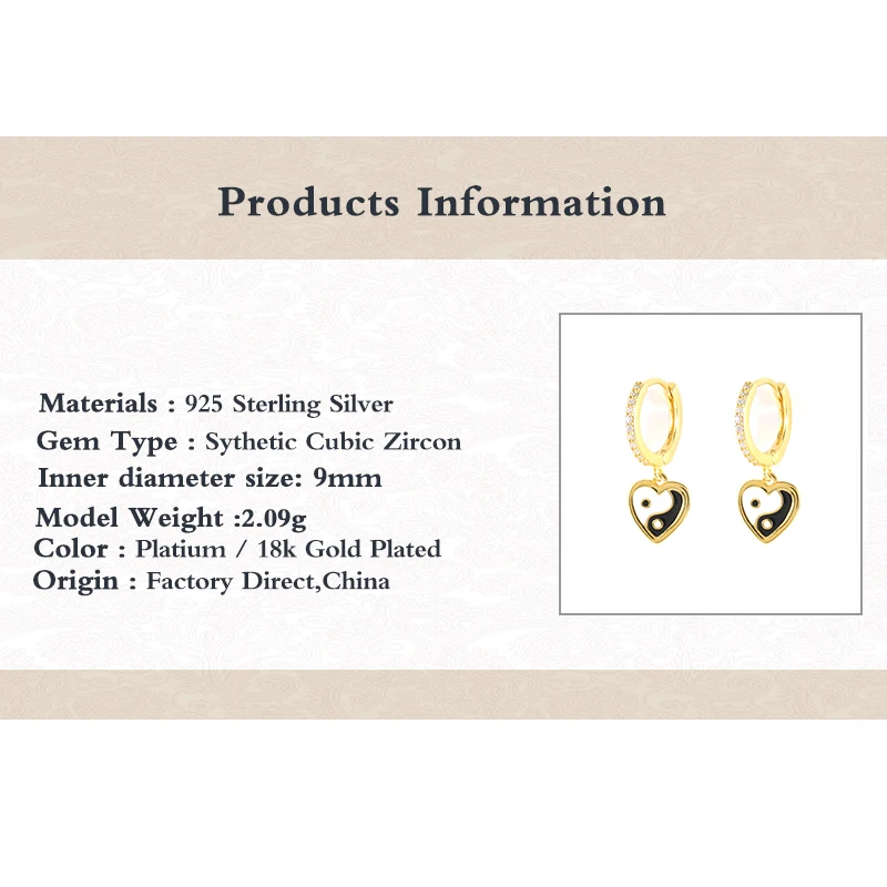 

GS 925 Sterling Silver Yin Yang Pattern Heart Shape Pendant Dangle Earrings For Women Luxury Zircon Mosaic Circle Drop Earring
