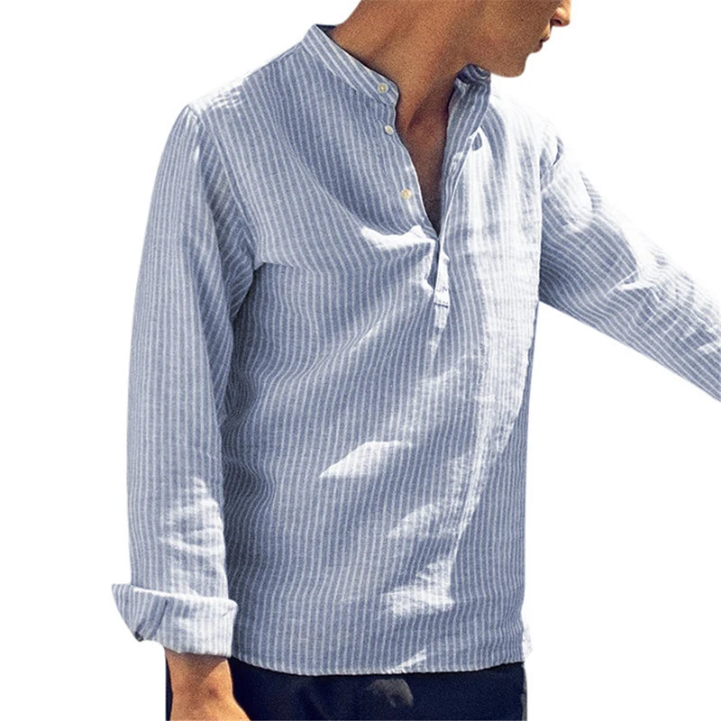 

2021 New Fashion Spring Summer Casual Men's Shirt Cotton Long Sleeve Striped Slim Fit Stand Collar Shirt Male Clothes S-5XL