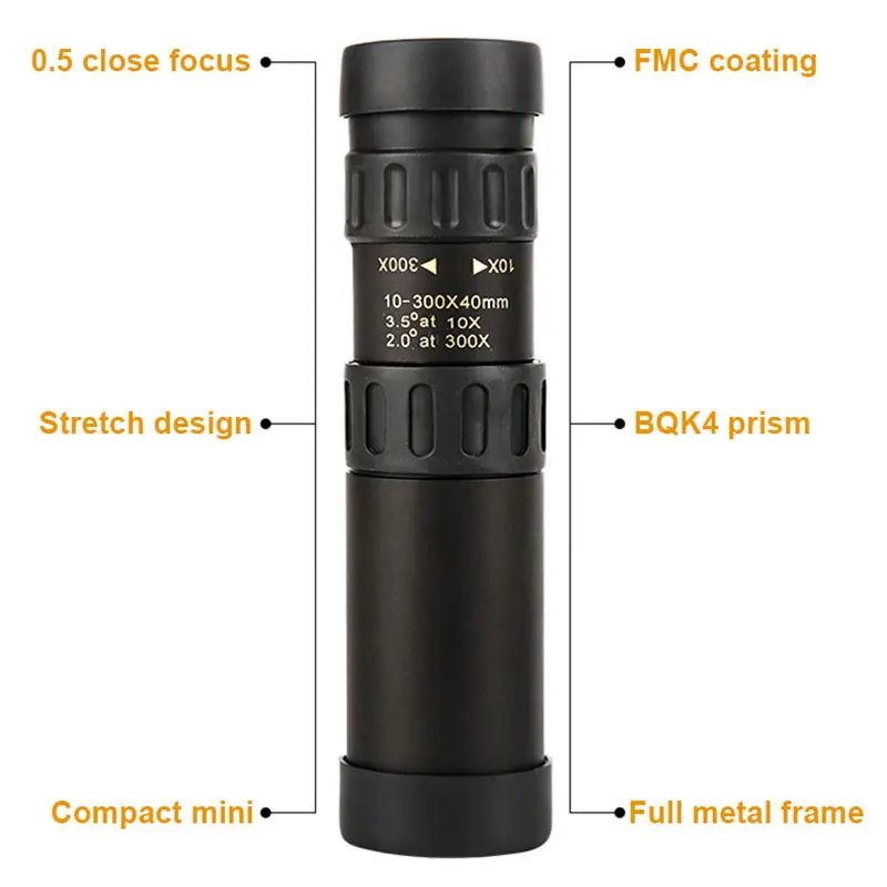 

10-300x40mm Metal Monocular Telescope Super Zoom Monocular High Quality Telescope Support Smartphone Light Night Vision Camping