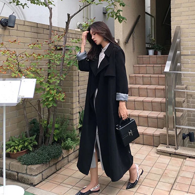

Windbreaker New Mid-Length Over-The-Knee Coat Loose Student Black Temperament Coat Women'S Tide Spring And Autumn