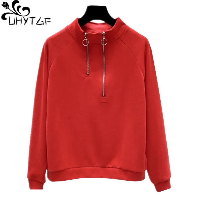 

UHYTGF Coats female fashion double zipper neckline pullover spring sweatshirt women Korean loose casual short plus size tops 980