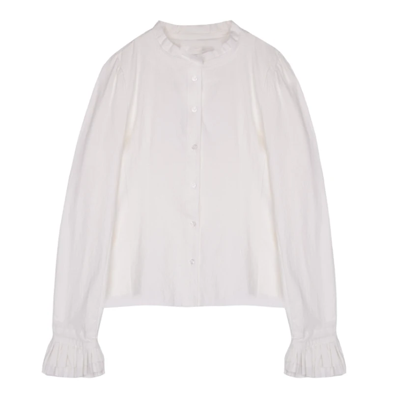 

[EAM] Women White Brief Big Size Blouse New Stand Collar Long Sleeve Loose Fit Shirt Fashion Tide Spring Autumn 2021 1DB193
