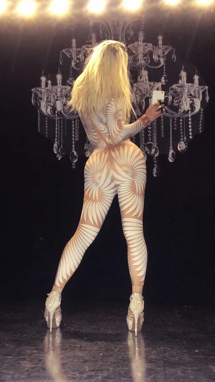 Певица танцовщица костюмы DJ комбинезон с 3D-печатью и кристаллами сверкающий