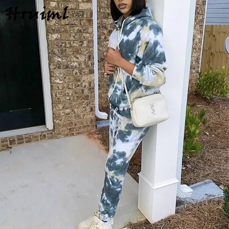 

Loungewear Women Casual Loose Tie Dye Long Sleeve Hooded Sweatshirt&woman Pants Fashion Hot Sale Pocket Strappy Dresy Damskie