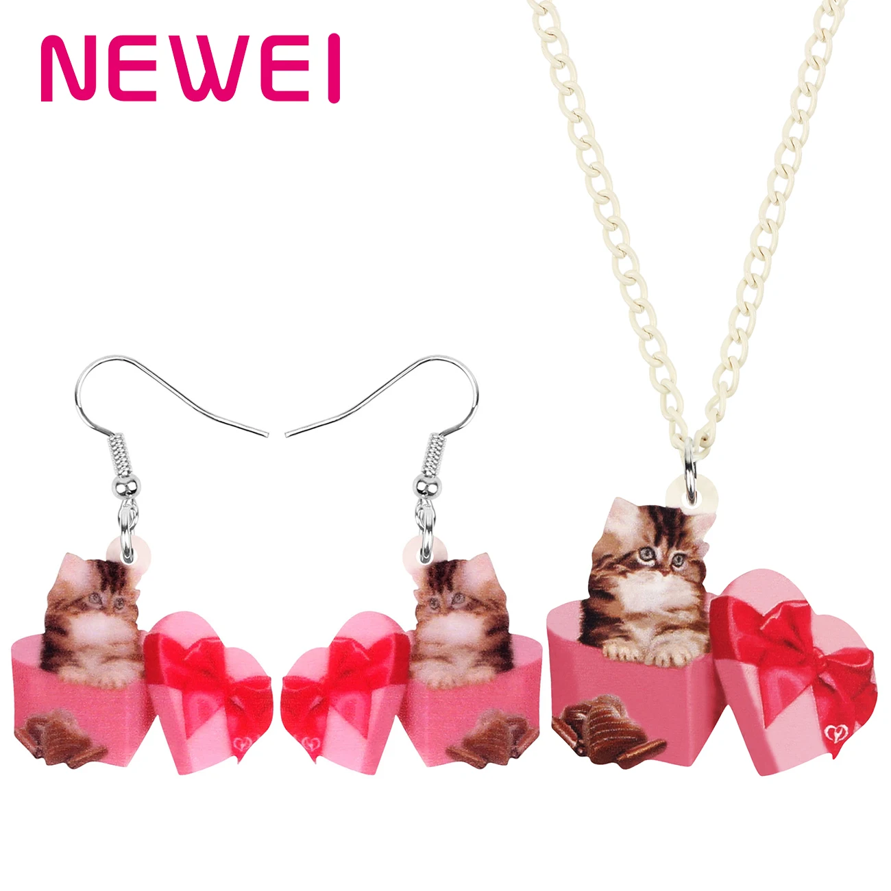 

Newei Acrylic Valentine‘s Day Gift Box Cat Jewelry Sets Cute Kitten Animal Earrings Necklace For Girls Teen Lover Birthday Gift