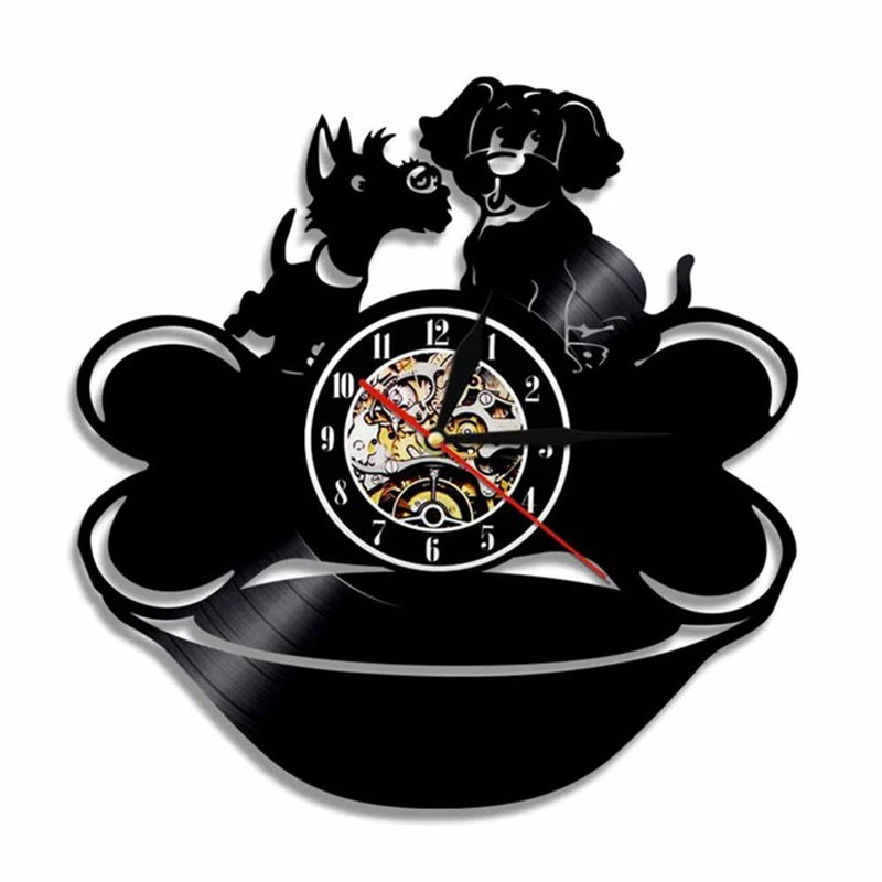 

Настенные часы с черными мопсами и костями, настенные часы с виниловой записью щенков, настенные часы в стиле согги для детской комнаты, вин...