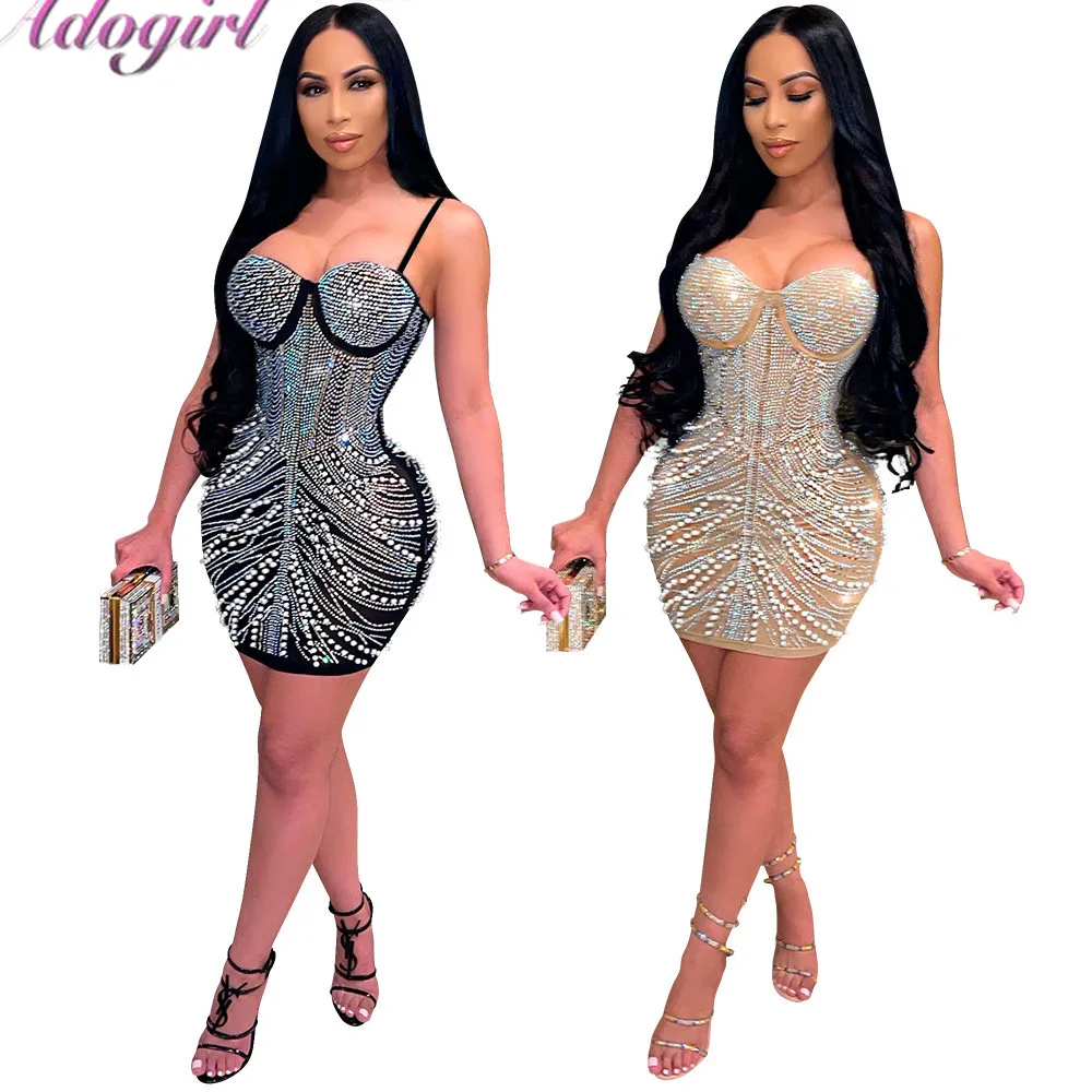 

Elegant Pearl Diamond Strapless V Neck Evening Mini Dress Women Sexy Shher Mesh See Through Backless Party Club Dresses Vestidos