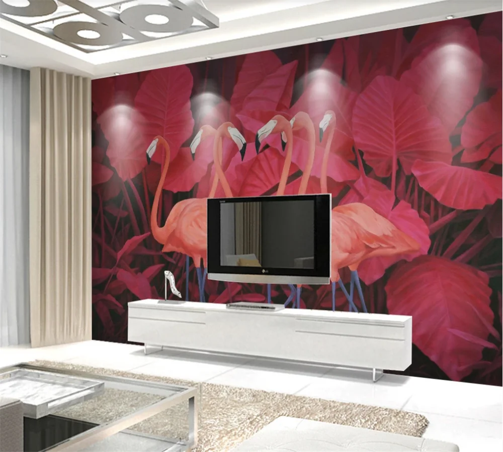 3D-обои на заказ красные тропические растения листья фламинго | Строительство и