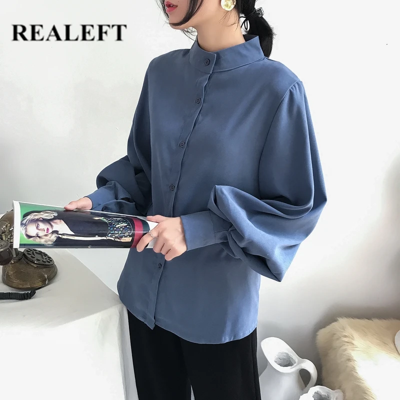 Женская Повседневная однотонная блуза REALEFT Офисная рубашка на кнопках с длинным