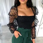 Женская прозрачная блузка в горошек, прозрачная эластичная сетчатая блузка с квадратным вырезом и длинными рукавами-фонариками, Клубная одежда, уличная одежда для вечеринок