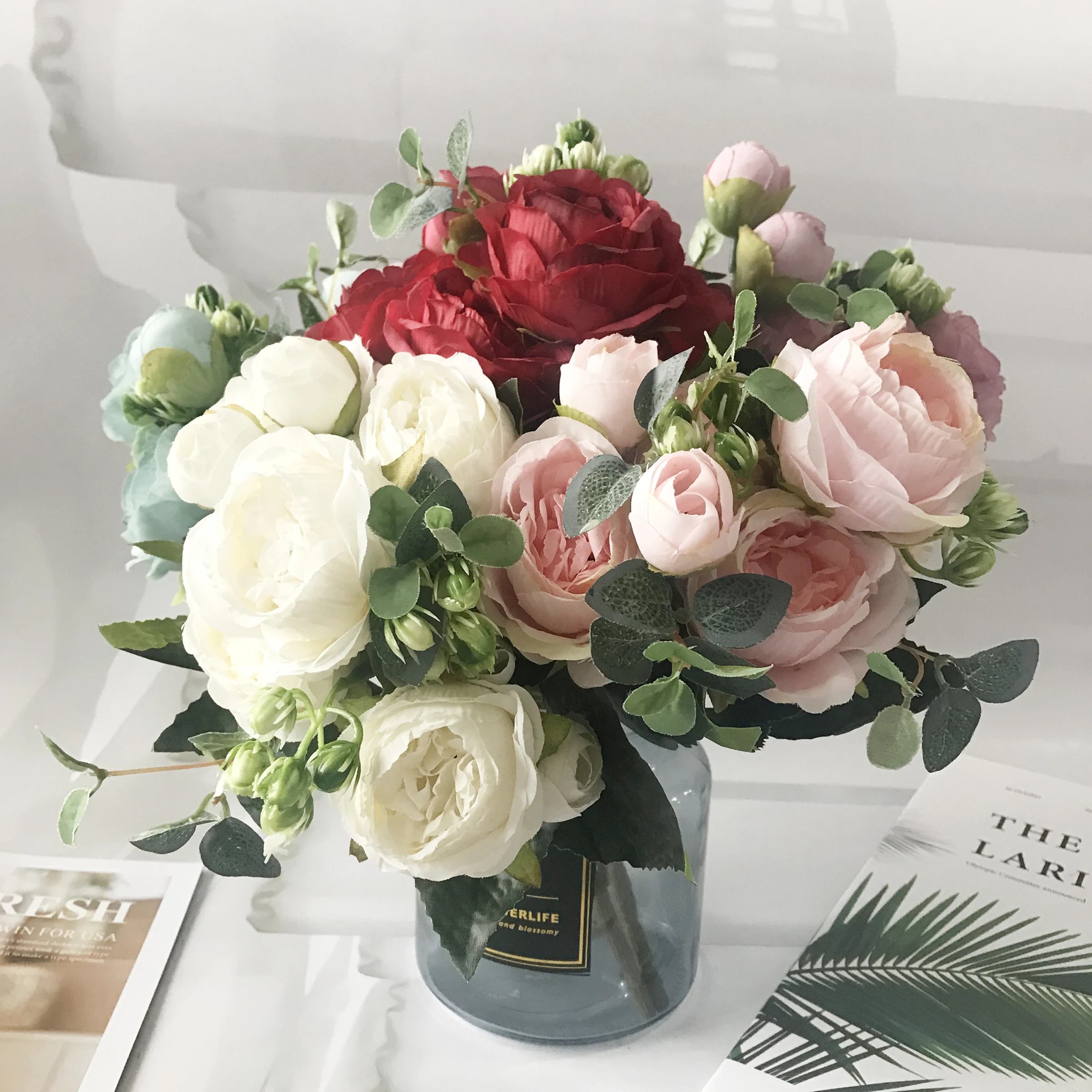 30 см розового цвета Шелковый букет Пион Искусственные цветы 5 больших головки 4