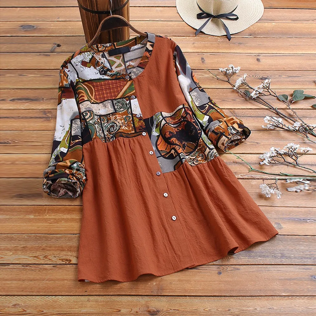 Женская повседневная блузка из хлопка и льна с принтом пуговицами длинным