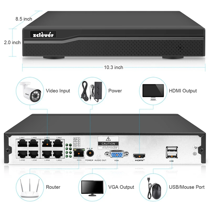 Zclever 1080P PoE 8CH H.265+ HDMI HD NVR домашняя камера безопасности система с 8 шт. открытый/закрытый водонепроницаемый 2.0MP CCTV IP camera