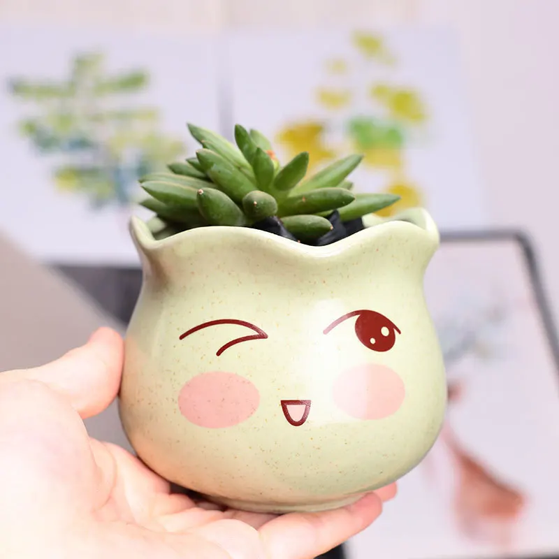 Мультипликационный керамический цветочный горшок для мяса Настольная зеленая