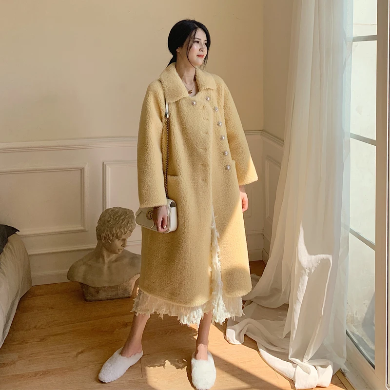 Женская шуба из 100% натурального меха овчины Длинная зимняя одежда 2020 корейские