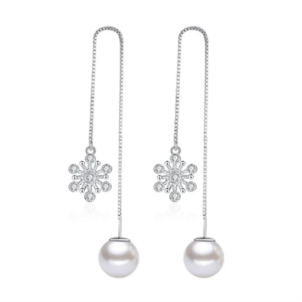 

925 Sterling Silver New Jewelry High Quality Fashion Woman Snowflake Cubic Zirconia Pearl Long Tassel Earrings