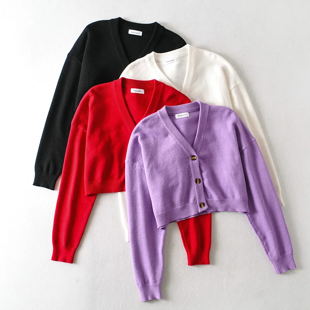 

Fashion Short Crop Top Girls High Waist Long Sleeve Loose Knitted Cardigan Female Purple Button Up V-neck Sweater Cute Knit Top