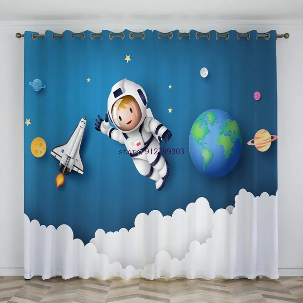 

Fashion Funny Design Colorful Spaceman Planet Moon Universe Cartoon Printed Blockout Curtains For Kids Boys Bedroom