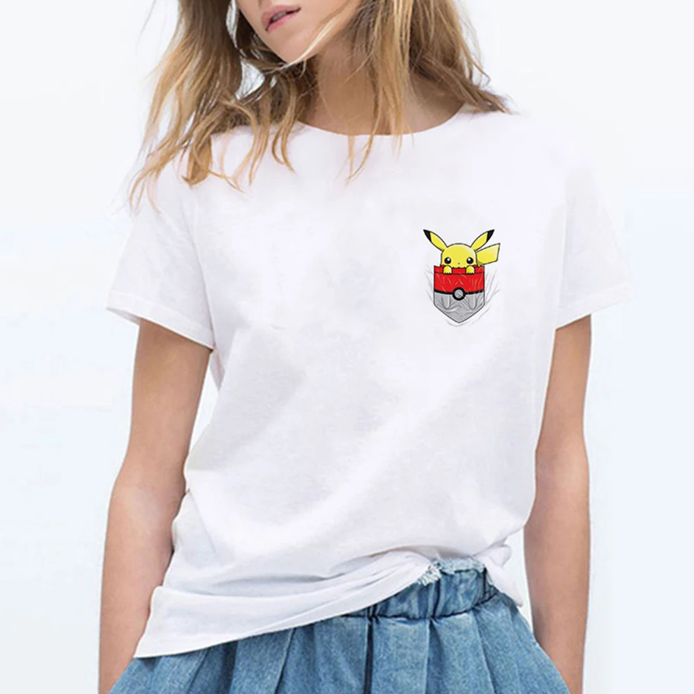 Новые модные женские туфли футболки Pokemon kawaii футболка аниме Pika Для женщин футболка Пикачу футболка хлопок короткий рукав для девочек Футболки-топы