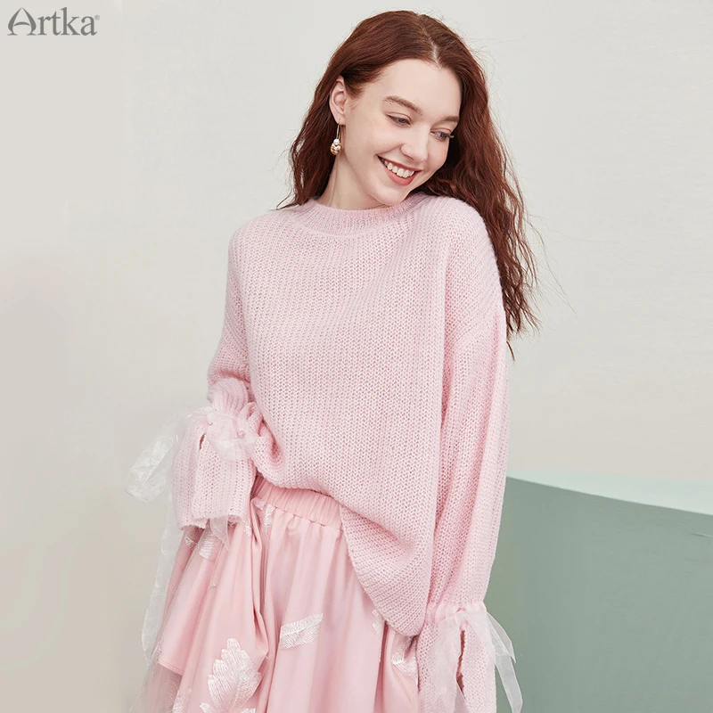 

ARTKA 2020 Осень Новый женский свитер элегантный розовый мохеровый вязаный свитер Свободный пуловер с длинным рукавом Тонкий шерстяной свитер ...