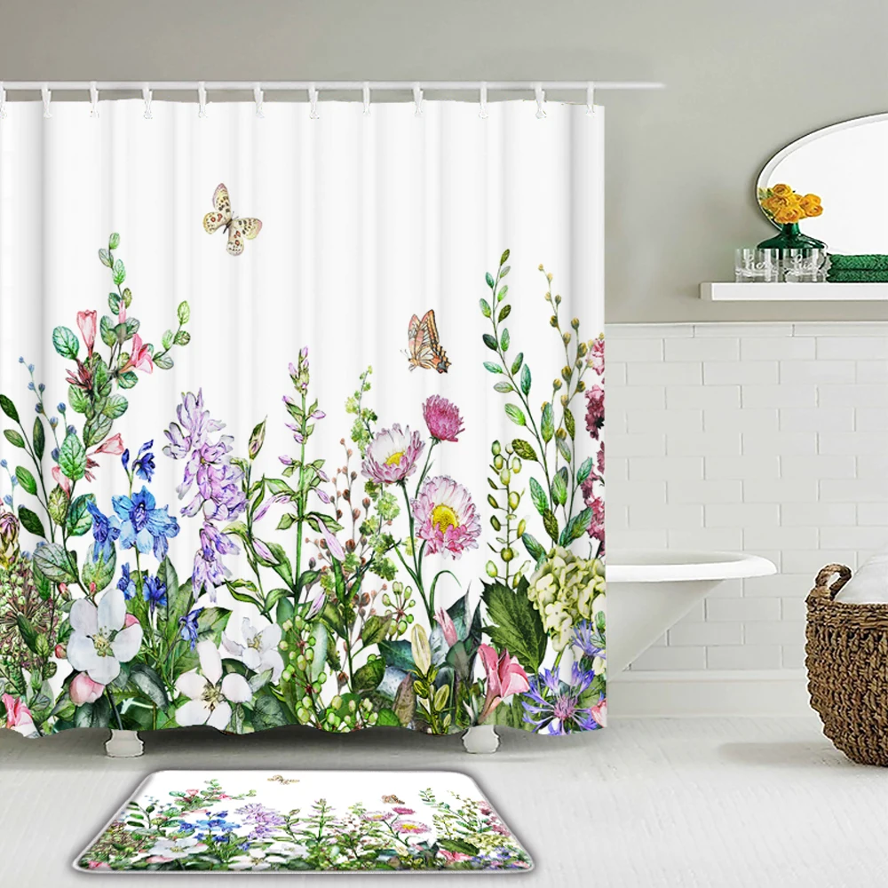 

2Pcs/set Flowers Plant leaves Butterfly Shower Curtain Bath Curtains Set Waterproof Fabric With Bathroom Toilet Non-slip Mat