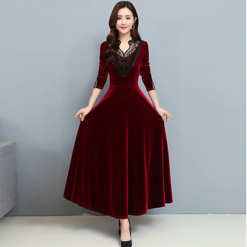 Autumn Dress Woman Long Ball Gown Velvet Dresses Slim Lace Patchwork Vestidos Largos De Verano Para Mujer 2023 Burgundy Dress