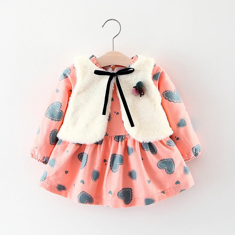

Autumn winter new girls love padded dress+vest and shawl two-piece suit princess dresses long-sleeved Children baby clothing