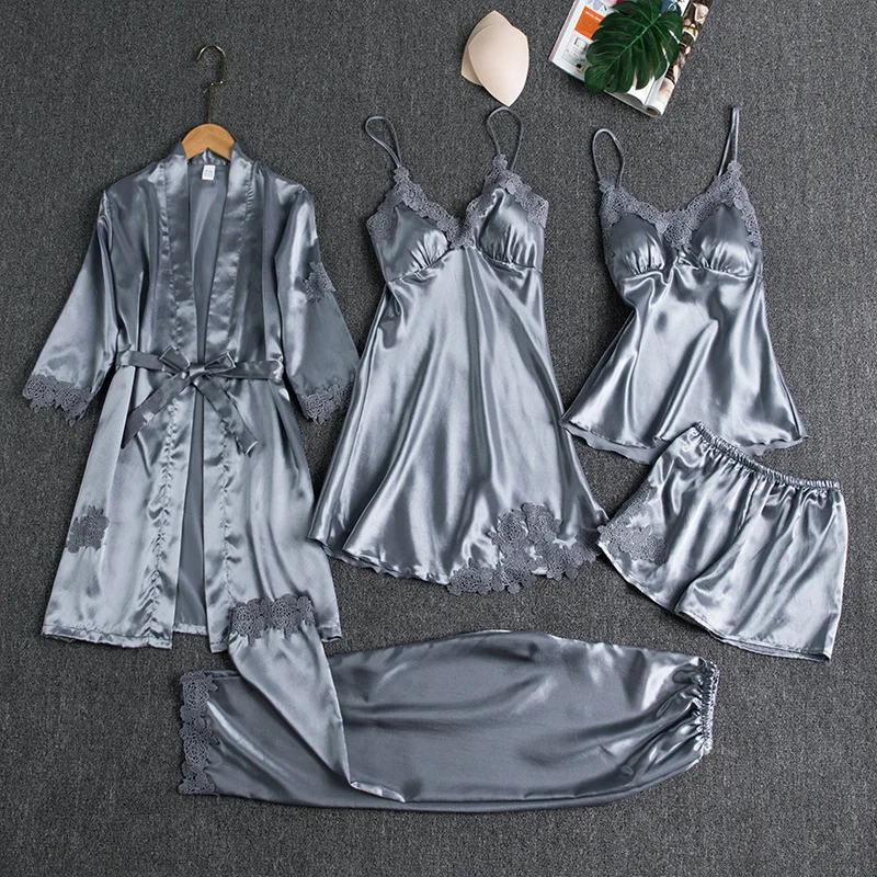 SR087 Women Pajamas Set 5 Pieces Solid Faux Silk Pant Shorts Sleepwear Woman Suit Spring Summer Autumn Robe Sleep dress Homewear
