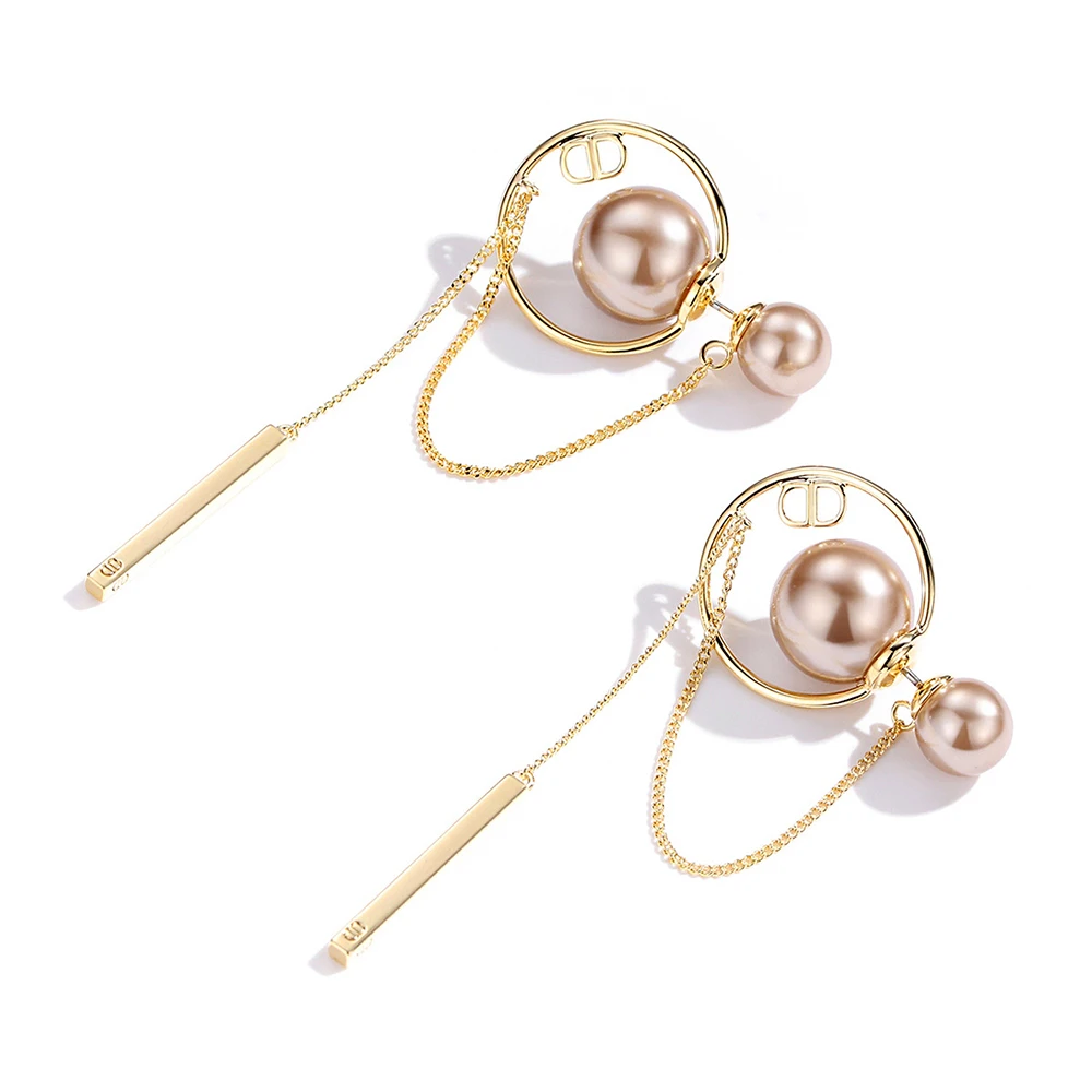 

Golden Earrings Round Pearl Pendant Drop Dangle Double Sided Earrings Sweet Long Tassel Statement Jewelry For Women