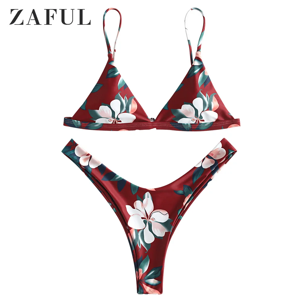 

ZAFUL Leaf Print Plunge High Cut Bikini Set Swimwear Wire Free Padded Women Sexy Swimsuit Bathing Suit Summer Beach Wear