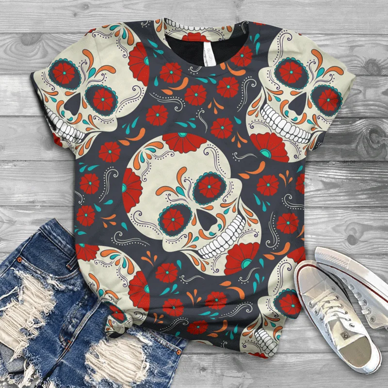 

2021 new summer European and American style ladies T-shirt 3D skull print Harajuku casual T-shirt trend