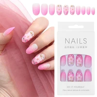 fashion beauty false nails glitter flower pattern long pink round nail tip jelly gum fake nail