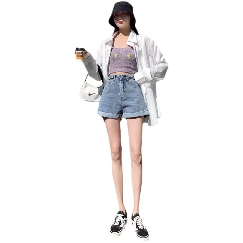 

Women Denim Shorts New Summer High-waisted A-line Wide-leg Pants Fashion Casual Slim All-match Loose Buttons Pocket Pants