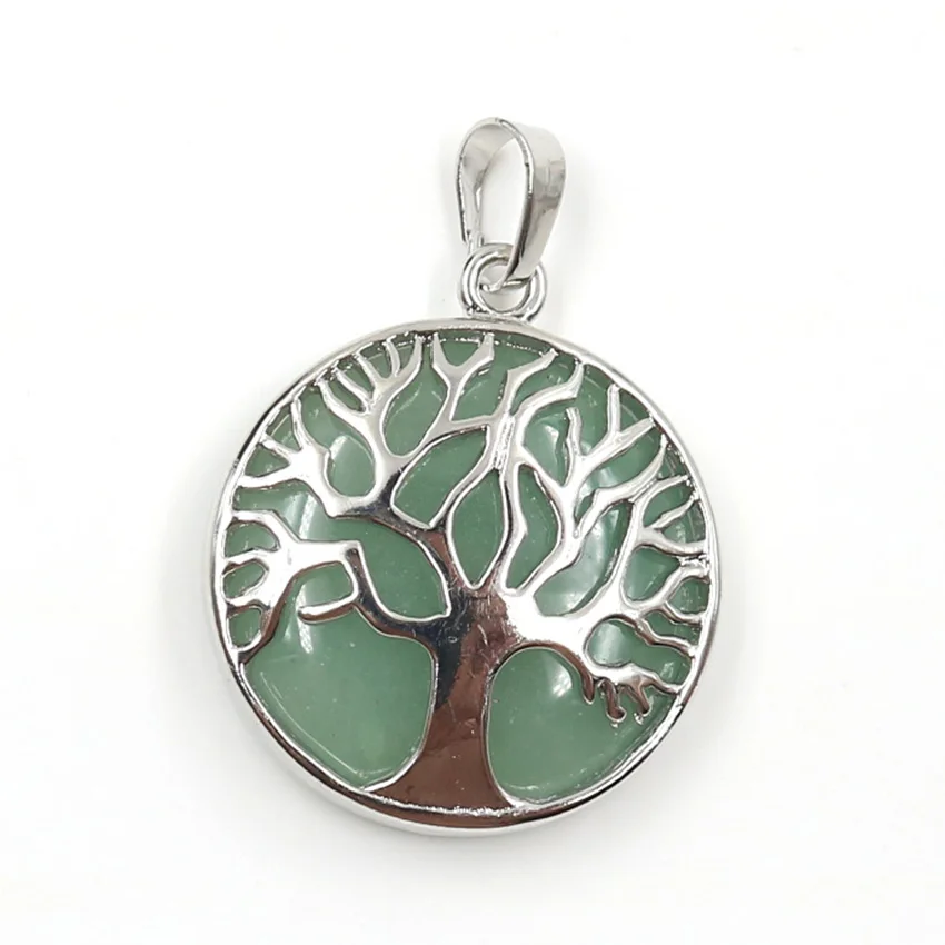 

Зеленая авантюрина Посеребренная Древо жизни, круглая подвеска, Опаловый опал, модные ювелирные изделия