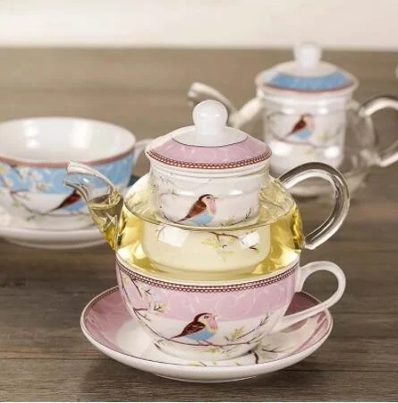 

Flower Tea Pot Ceramic Teacup Saucer Heat Resistant Glass Teapot Filter Porcelain Office Coffee Cup Mug Afternoon Tea Set