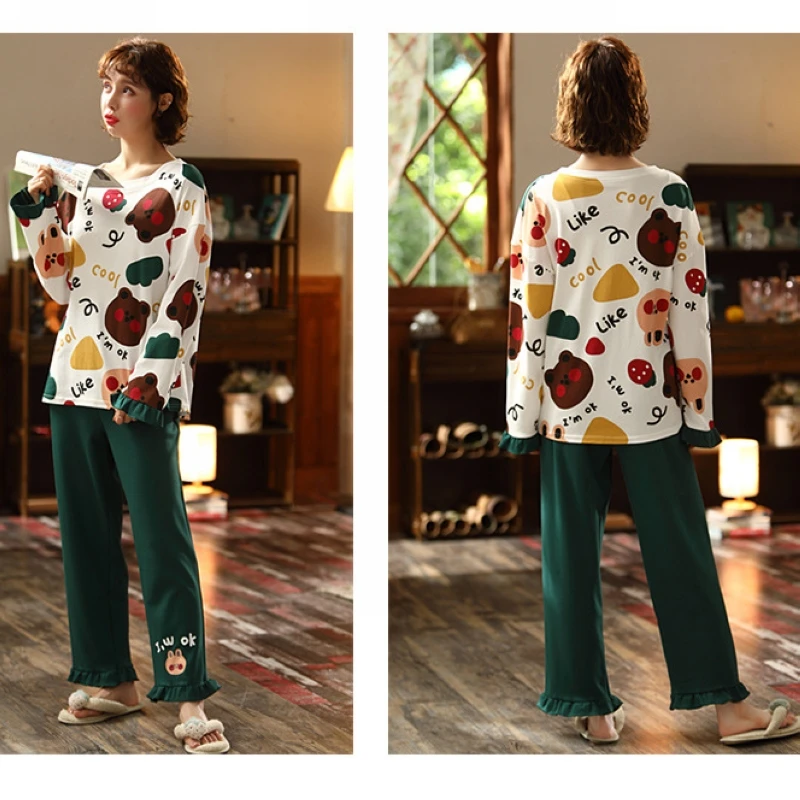 

Pajamas women's long-sleeved spring and autumn new cotton home service girls cartoon pattern sweet and cute two-piece casual sui