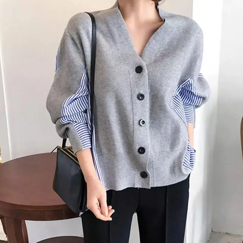 New Autumn Women's Sweaters Patchwork Srtiped Knitting V-Neck Cardigans Casual Single Breasted Loose Tops |