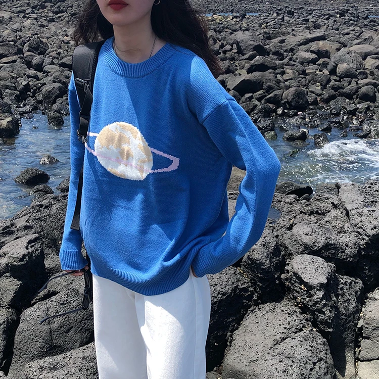 

Autumn Sweater Women College Style Sweater Cartoon Planet Embroidery Sweater Loose Round Neck Knit Sweater Rabbit Down Sweater