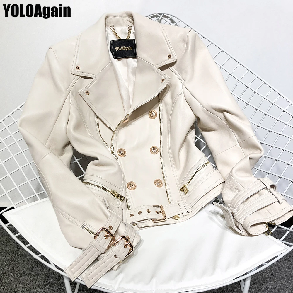 Женская Офисная куртка YOLOAgain из натуральной кожи двубортная на молнии | одежда
